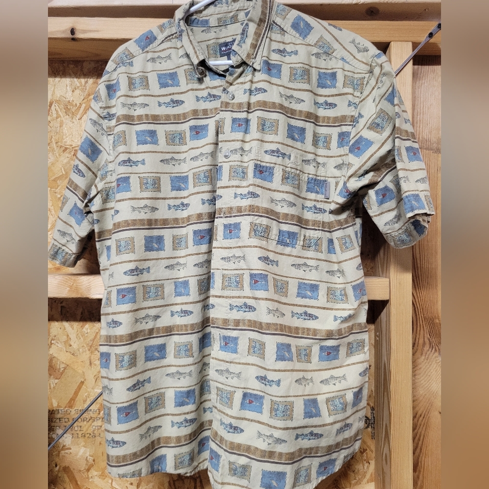 Woolrich Vintage Cream Fishโ Stripe Button Down Shirt Size Large Mens